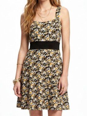 Vamp Vintage Y2K Black Yellow Floral Ditsy Daisy Empire Waist Dress Skater Retro